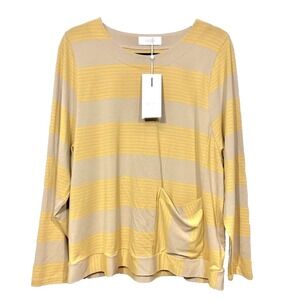 Noen Womens Shirt M 8/10  Long Sleeve Tunic Beige Yellow Stripe Nordic Cottage